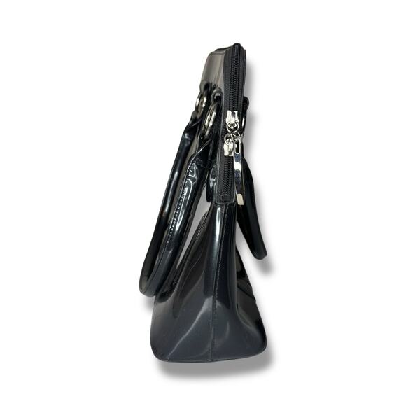 Beijo Double Handle Shoulder Bag Zipper Closure Pewter Gray Shiny Pockets Silver - Picture 2 of 9